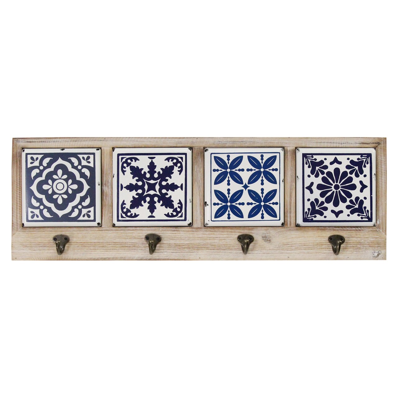 Contemporary Home Living 26&#x22; Blue and White  Accent  Rectangular Tile Coat Rack